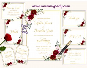 Burgundy Wedding Invitation suite, Ivory invitation suite, (124w)
